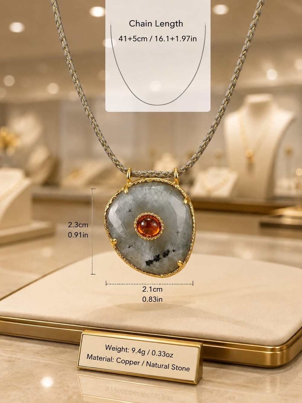 Gold-Trim Gray Stone Pendant Necklace with Amber Center
